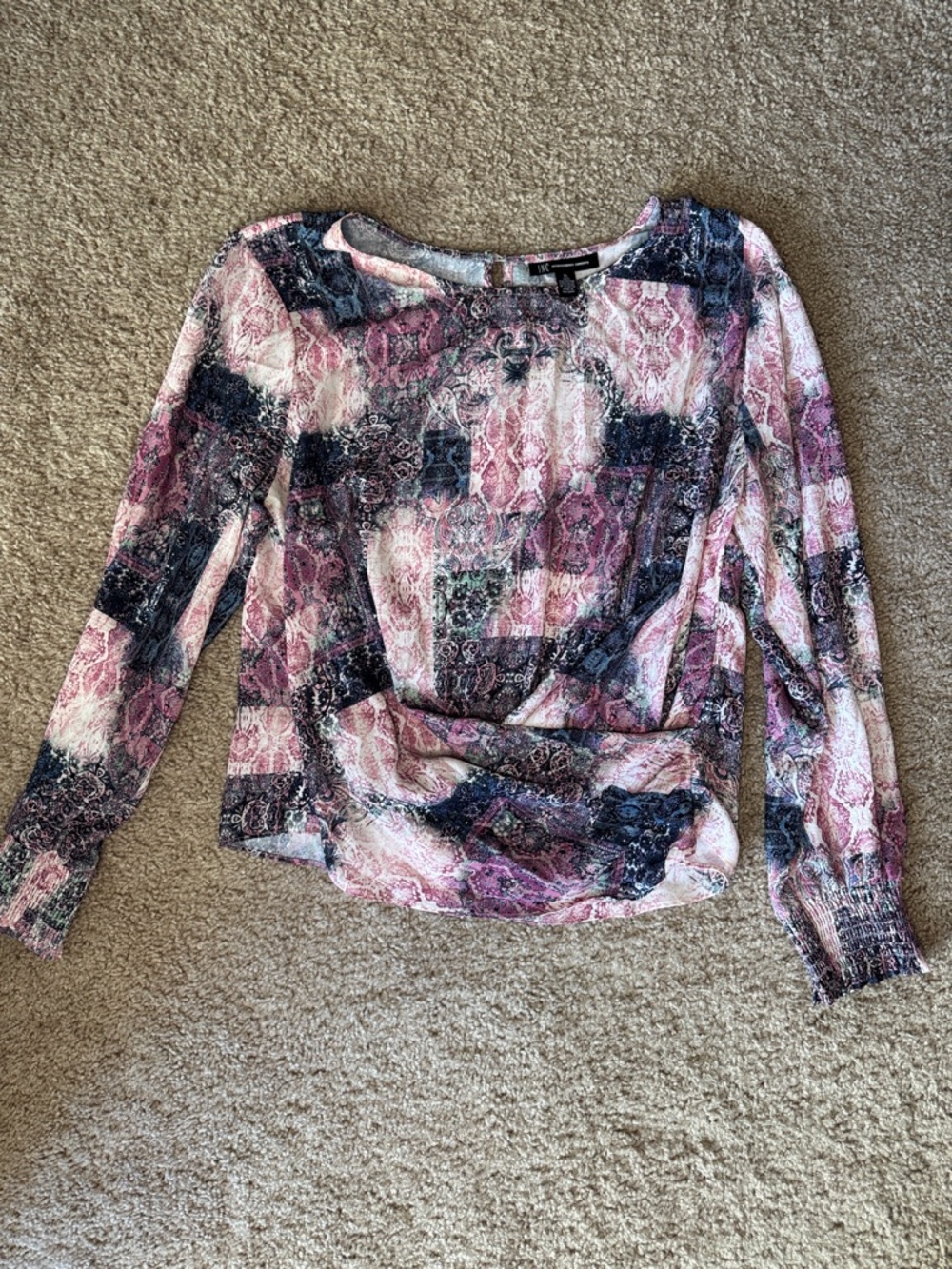 INC International Concepts Pink & Black Patchwork-Print Long Sleeve Top